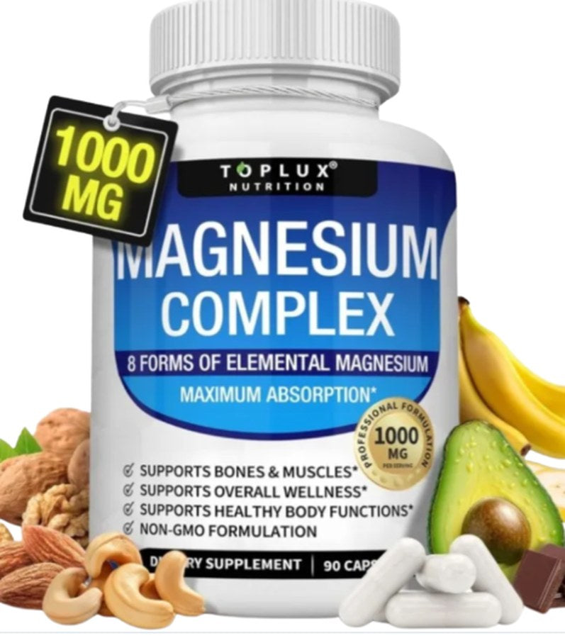 Frasco de Magnesium Complex Toplux, 8 formas de magnesio elemental, 1000 mg por porción, 90 cápsulas