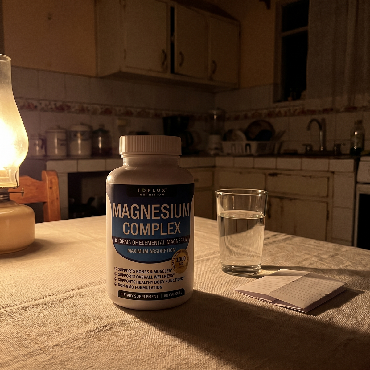 Frasco de Magnesium Complex en la mesa de la cocina, de noche, junto a un vaso de agua
