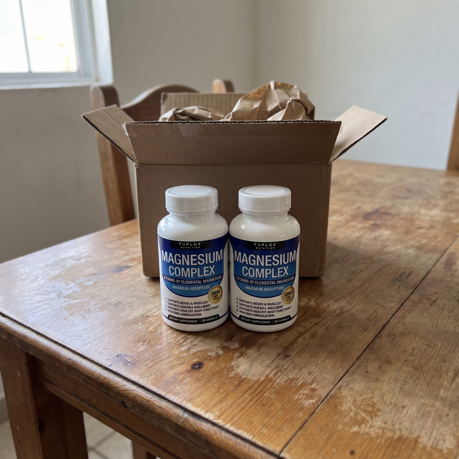 Dos frascos de Magnesium Complex delante de la caja de envío abierta