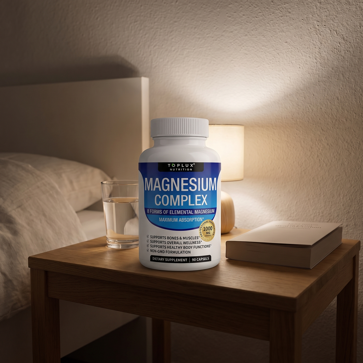 Frasco de Magnesium Complex en el buró, junto a la lámpara y un vaso de agua