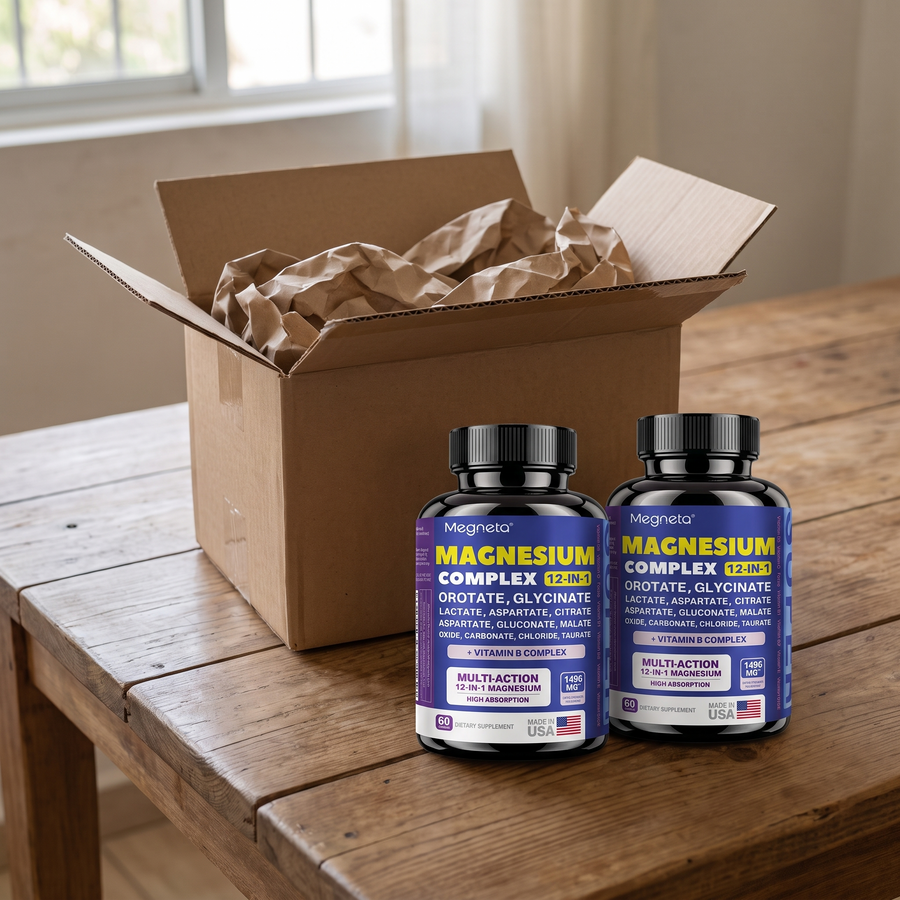 Dos frascos de Magnesium Complex 12 en 1 delante de la caja de envío abierta