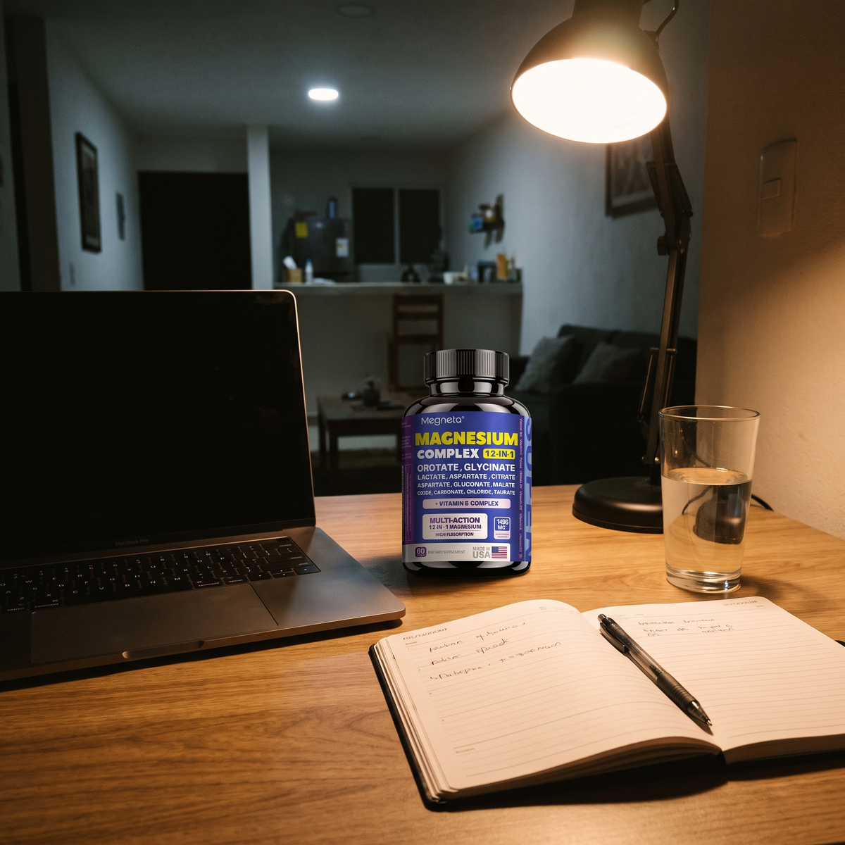 Frasco de Magnesium Complex 12 en 1 en el escritorio, de noche, junto a la agenda y un vaso de agua