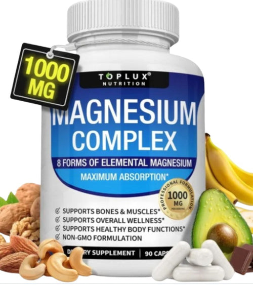 Frasco de Magnesium Complex Toplux, 8 formas de magnesio elemental, 1000 mg por porción, 90 cápsulas